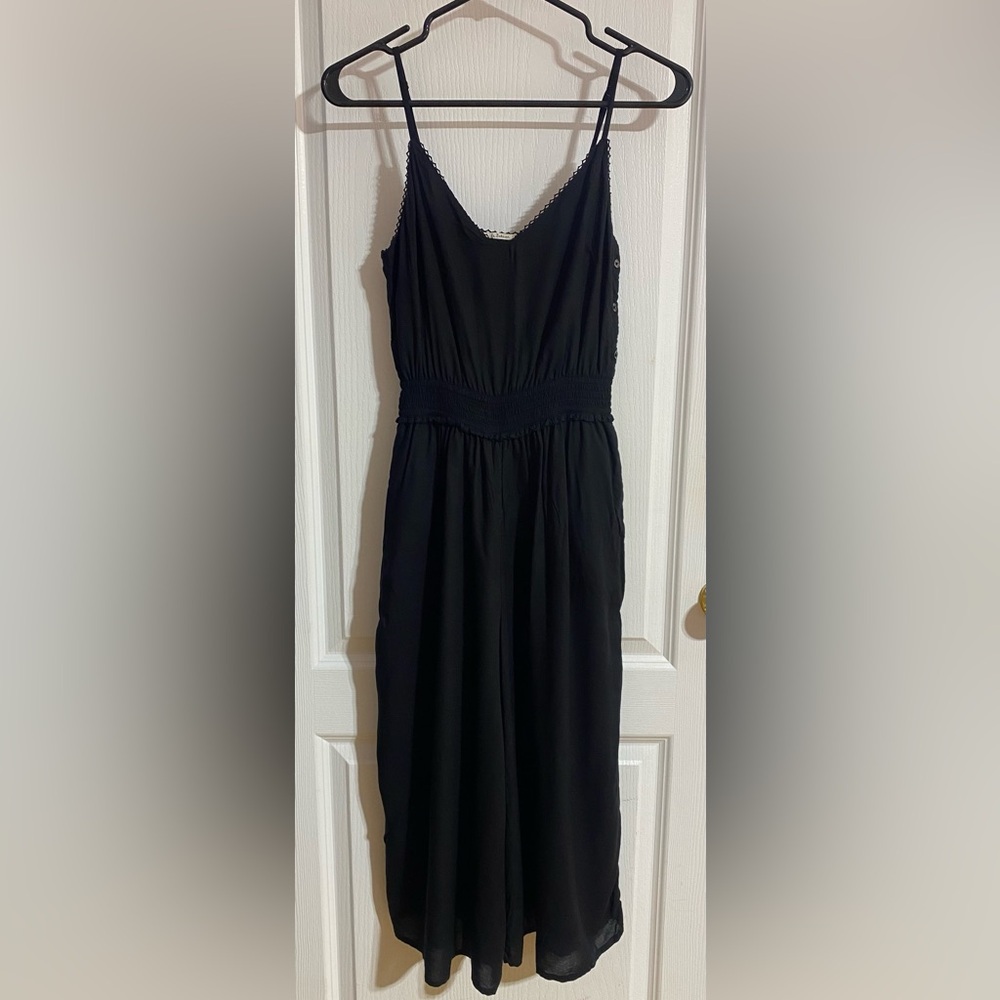 Aritzia Wilfred Irene Wide Leg Flowy Lace Trim V-Neck Black Modal Romper Size XS - Picture 4 of 16